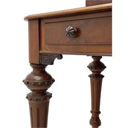 Victorian figured mahogany two-piece bedroom set - the washstand with white and black marble moulded top with arched back and raised shelf, two moulded frieze drawers, on turned and fluted supports with brass and ceramic castors (W123cm, D60cm, H102cm); the dressing table with raised swing mirror in moulded frame with shell and scroll carved pediment, on scrolled horns carved with foliage, four raised trinket drawers over moulded rectangular top, fitted with two drawers, on turned and fluted supports with brass and ceramic castors (W122cm, H177cm, D62cm)