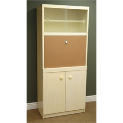  1960's white painted kitchen cabinet with two opaque glass doors and brown fall front, plinth base, W77cm, H180cm, D43cm  