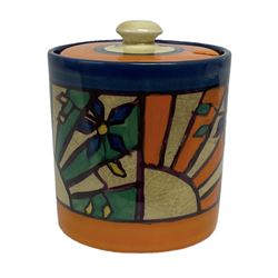 Clarice Cliff Fantasque for Wilkinson Pottery preserve pot, circa 1928, of drum form decorated in Sunray Leaves pattern, H8cm