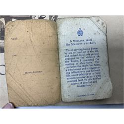Modern album containing over sixty postcards and photographs including memorial portraits of KIA soldiers, regimental crests, comic, WW1 embroidered silk, uniforms, cap badges, camp and manoeuvre images etc; another personal photograph album of WW2 soldiers relaxing; Royal Armoured Corps booklet 'The Italian Campaign 3rd Sep. 1943 - 2nd May 1945; and other paper ephemera of military interest