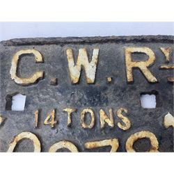 Three cast iron railway wagon plates of D shaped form to include Southern Railway, LMS and GWR, L27.5cm