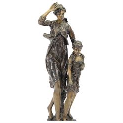 After Hippolyte Francois Moreau (1832-1926), bronzed figure of a a woman and child, signed to base, upon black marble effect plinth, H68cm