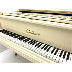 Julius Bluthner of Leipzig, Germany - Boudoir Grand Piano in cream lacquered finish with an open lattice music desk, original patent Bluthner action, recently restored and re-strung with new tuning pins, hammer heads and damper felts, re-sprayed iron frame  and re-furbished wooden soundboard with manufacturers decal and traditional 