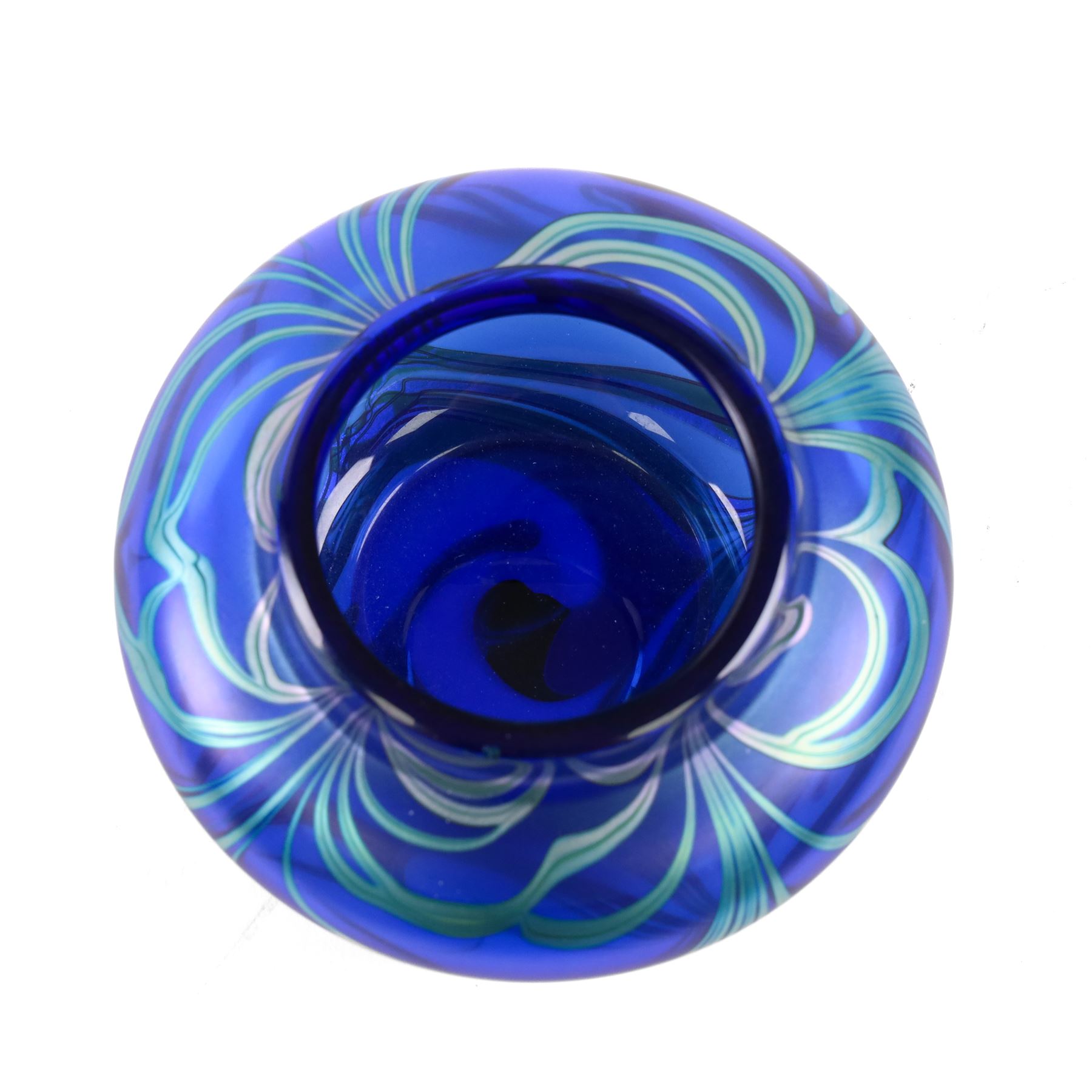 Okra scent bottle, of squat form with marbled blue iridescent design, together with Okra vase, dish and another similar art glass vase, scent bottle H12cm