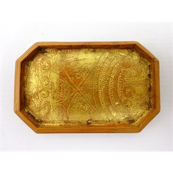  18th century carved yew snuff box, the top carved in relief with allegorical scene, depicting a couple preparing to be burnt at the stake surrounded by a crowd, gesso and gilt interior with point work coat of arms, possibly Ottoman, engraved 1714, L9.5cm   