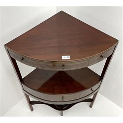 Edwardian inlaid mahogany corner washstand, folding shaped back above single drawer, square supports joined by undertier
