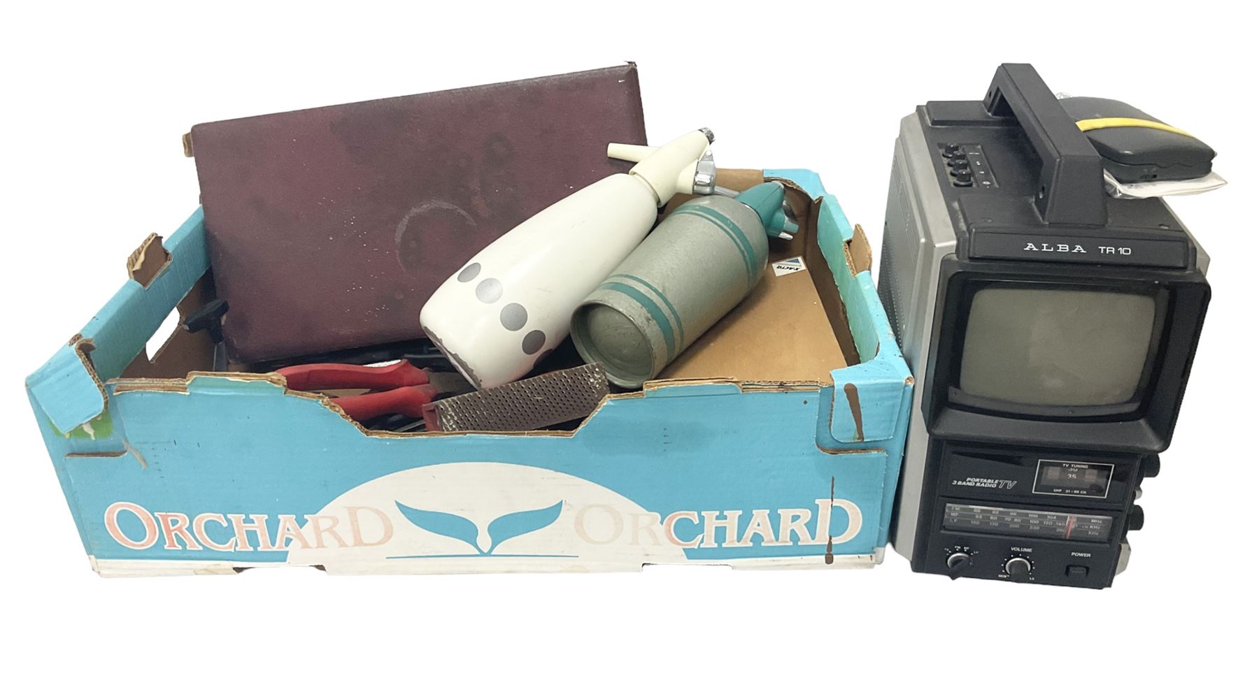 Alba TR10 Portable black and white TV with 3 band radio and Matsu travel clock radio together with quantity of various tools and Sparklets Limited soda syphon, together with BOC soda syphon, Serial No. Shuz, tallest example H32cm