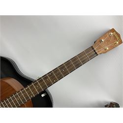 Palmer eight-string mandolin with mahogany back, simulated ivory and mother-of-pearl mounts L67cm; and Mahalo mahogany cased baritone scale ukulele, model no.U320B, L76cm; in hard carrying case (2)