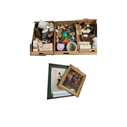 Ceramic jardinière, together with framed sampler and other collectables, in three boxes  