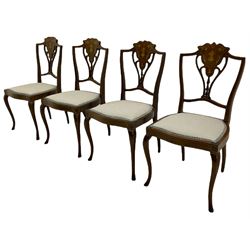 Set of four inlaid rosewood salon chairs, urn motif back, serpentine seat