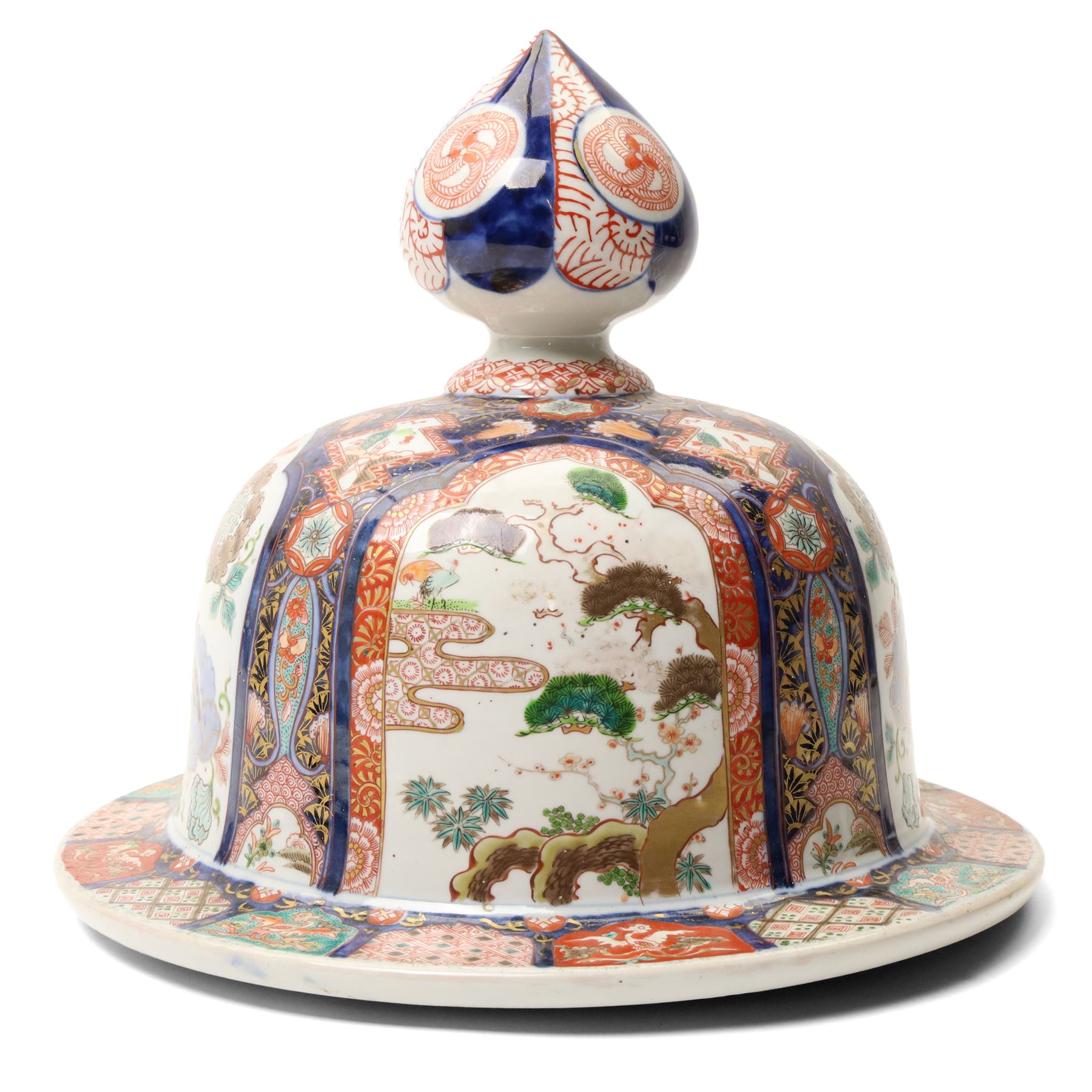 Japanese large Imari vase cover decorated with panels of flowers in orange, blue and gilt D33cm