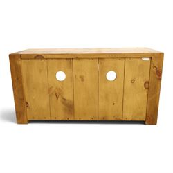 Indigo Furniture - rustic oak media cabinet, rectangular top over open shelf, two drawers fitted to base