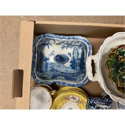 Various ceramics, to include Spode part tea service, decorated with floral sprigs against a yellow ground, Victorian blue and white prunus pattern mug, pair of Victorian leaf shaped plates, pair of Ironstone desert plates, Copeland vase decorated with white prunus blossoms upon a light blue ground, blue and white transfer printed tureen and cover, etc., in one box