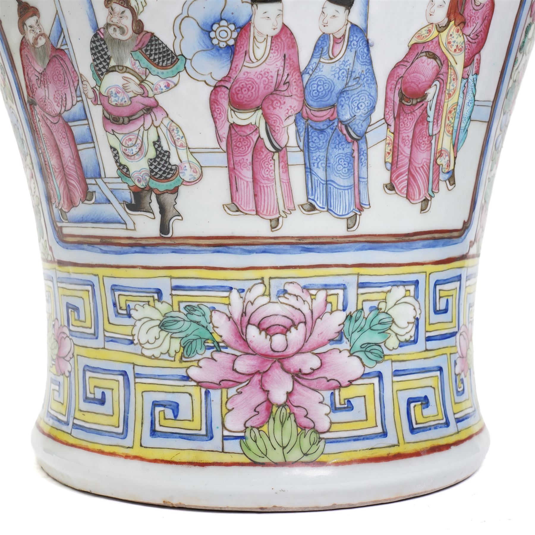 Large pair of 19th century Cantonese famille rose vases, each painted with various courtly scenes, including a display of warriors fighting on horseback before an official and his attendants, double Buddhist lion handles and applied at the shoulders with chilong, the lower band painted with Greek key motif, H58cm (2)