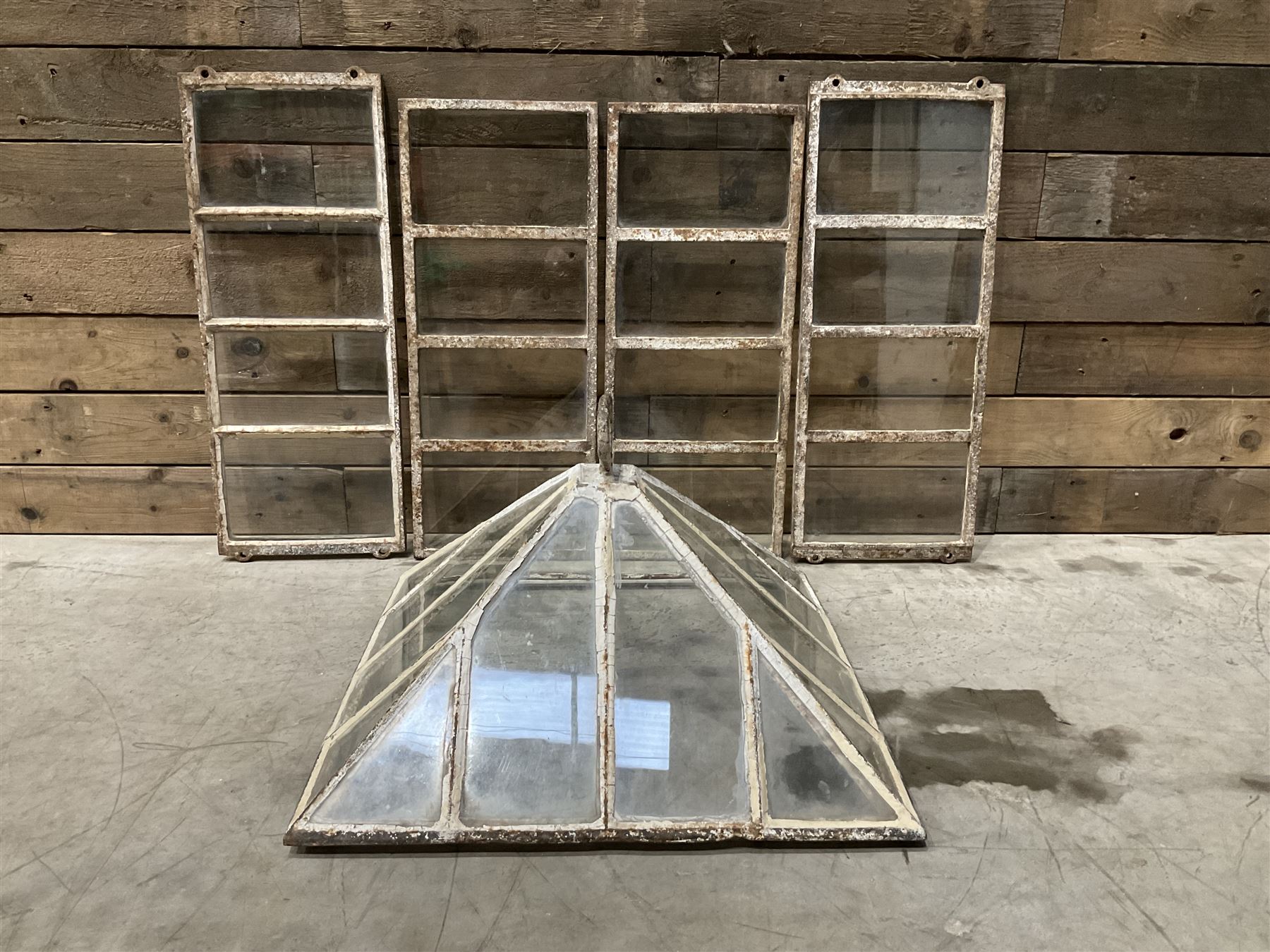 Victorian painted iron framed square garden cloche lantern, with associated sides (larger than the top piece), no fittings