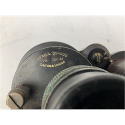 Pair of WWII Barr and Stroud CF41 naval binoculars,  A.P.1900A, with painted broad yellow military arrows, engraved Barr & Stroud, 7X CF 41, Glasgow & London, Serial no. 62984 with leather lens covers and case, H24cm