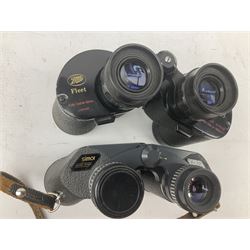 Five pairs of binoculars to include Hilkinson 10x50 Field, in case, Simor 8x30, in case etc and Leitz Wetzlar leather case