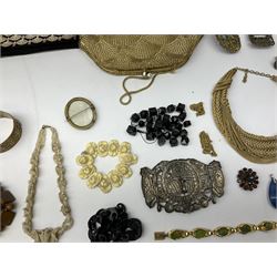 Collection of Victorian and later costume jewellery including pendants, bracelets, brooches, ring, cufflinks, two wristwatches, silver buckle and two  beaded clutch bags including one with peacock design and silk interior