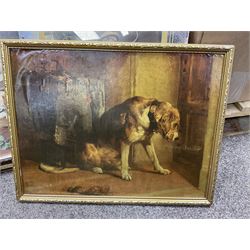 After P E Marshal (British 20th century), Car Outside Inn, water colour signed and dated; after Richard Britton (British) 'Mischief Makers' (golden labradors), colour print, together with three colour prints of dogs and embossed decorative bear scene (6) 