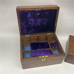 Walnut dressing table box, set with mother of pearl cartouche, opening to reveal a compartmentalised interior with mirror, covered in parts in purple velvet, together with a smaller jewellery box with stencil print, dressing table box H15cm
