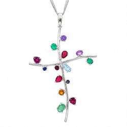 18ct white gold multi gemstone cross pendant necklace, vari-cut stones including emerald, ...