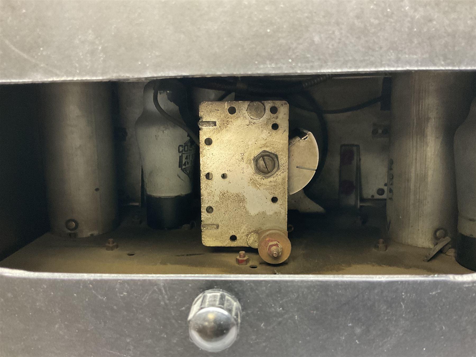 1950s Bush AC41 mahogany cased valve radio, 1930s Philips 588A with walnut veneer case, and 1940s Cossor Model 77, tallest H47cm W36cm D24cm