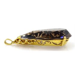 14ct gold pear cut smokey quartz pendant, stamped 585 with pair of similar 14ct gold pendant stud earrings