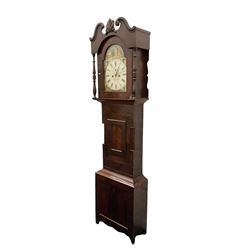 Joseph Richmond of York -  late19th century mahogany cased 30 hr longcase clock, with a swans neck pediment, break arch hood door flanked by ring turned pilasters, broad trunk with part-length recessed pillars and a short trunk door on a broad plinth with a recessed panel, fully painted dial with depictions of country cottages to the spandrels and break arch, with Roman numerals and minute track, stamped brass hands, dummy winding arbors and dummy seconds hand, dial pinned directly to a chain driven count wheel striking movement, striking the hours on a bell. With pendulum and weight.
Joseph Richmond of Fossgate was a respected clockmaker in 19th century York, maintaining the clocks in York Minster and other civic buildings in York.