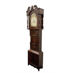 Joseph Richmond of York -  late19th century mahogany cased 30 hr longcase clock, with a swans neck pediment, break arch hood door flanked by ring turned pilasters, broad trunk with part-length recessed pillars and a short trunk door on a broad plinth with a recessed panel, fully painted dial with depictions of country cottages to the spandrels and break arch, with Roman numerals and minute track, stamped brass hands, dummy winding arbors and dummy seconds hand, dial pinned directly to a chain driven count wheel striking movement, striking the hours on a bell. With pendulum and weight.
Joseph Richmond of Fossgate was a respected clockmaker in 19th century York, maintaining the clocks in York Minster and other civic buildings in York.