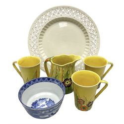 Leeds creamware reticulated plate, impressed mark verso, together with four Carlton Ware Anemone pattern mugs and jug, and Cauldon blue and white plate