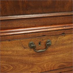 George III mahogany linen press, dentil moulded cornice over a pair of panelled doors enclosing a later fitted interior, lower section with two short over one long cockbeaded drawer, brass swan neck handles, shaped bracket feet