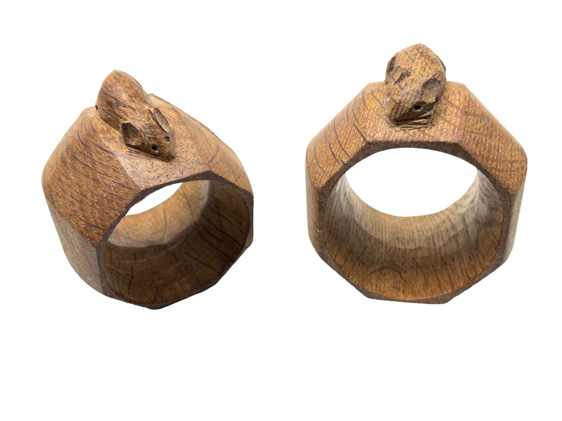 Mouseman pair of oak napkin rings, of bulbous octagonal form each