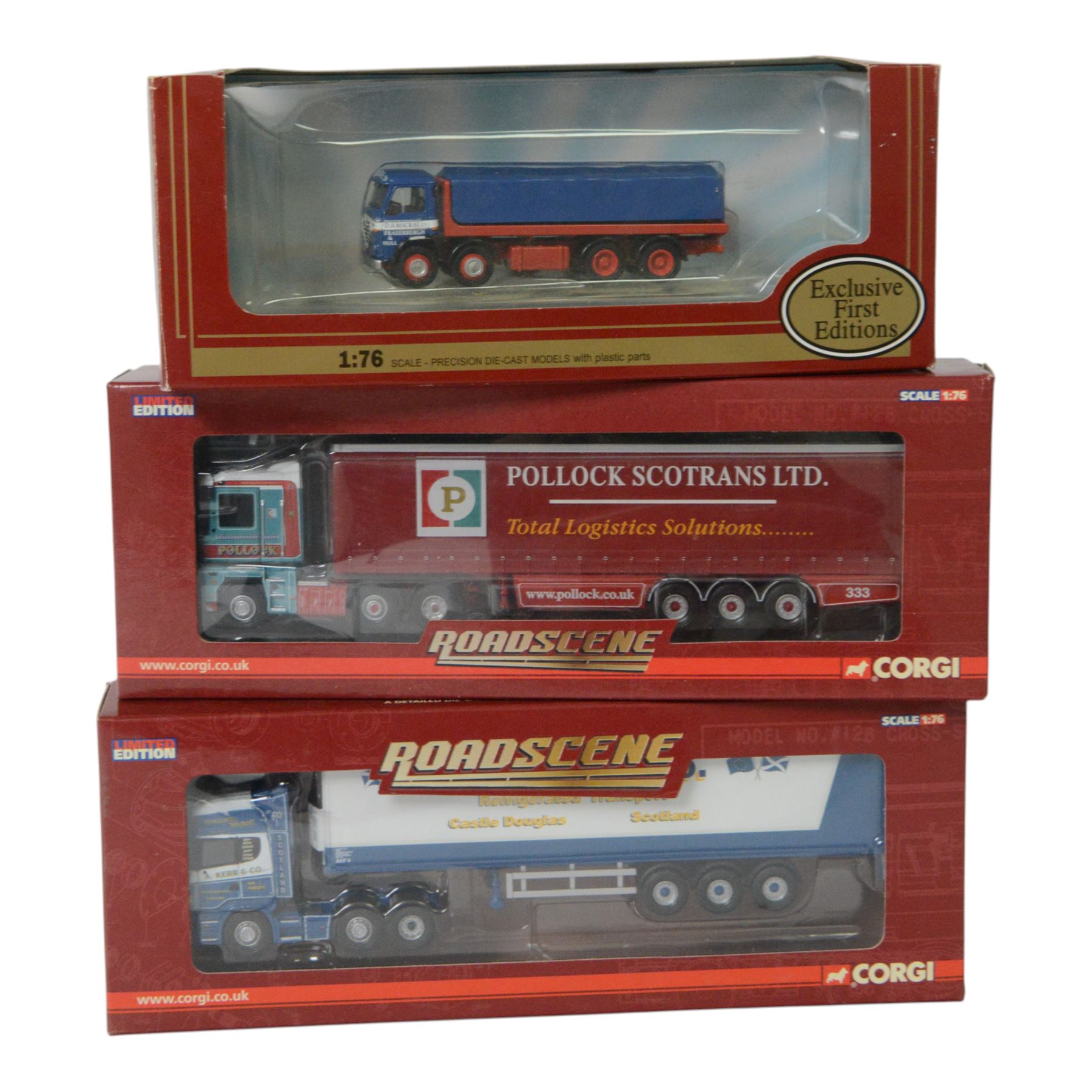 Eight diecast model lorries, comprising limited 1:50 scale Corgi Hauliers of Renown CC12831, two limited edition 1:76 scale Corgi Road Scene examples CC18301 Renault Magnum Curtainside and CC18105 Scania R Series Fridge and five 1:76 scale Exclusive First Editions, including Foden Artic Oval Tanker, Atkinson Artic Flatbed, Foden 4 Axle Flatbed, AEC Ergo 4 Axle Flatbed and AEC MkV Mandator Flatbed, all boxed