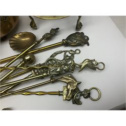 Collection of brassware, to include two jardinieres, candle sticks, brass shell, etc