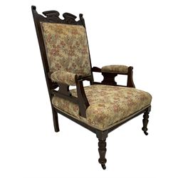 Late Victorian armchair plus pair carved Edwardian side chairs, and a similar period armchair with cushion (4)