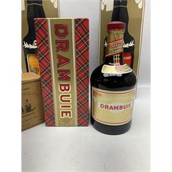 Drambuie Liqueur 75cl 40% vol, together with Dekuyper cherry brandy 1 litre 24% G.L, Dekuyper Peach Brandy 1 litre 24% G.L and six miniature singapore slings 17.5% vol 50ml