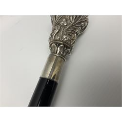 Silver topped walking cane, with embossed decoration in the Victorian taste of flowers, berries and acanthus leaves, stamped 925, upon an ebonised shaft, L94cm