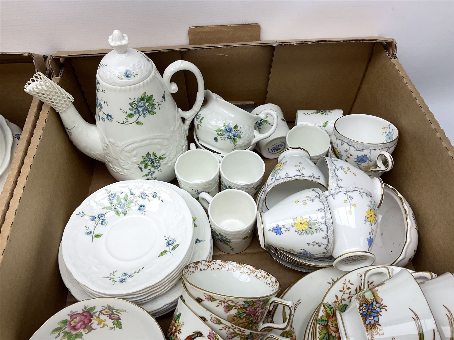 Coalport 'Tintern' pattern coffee service for six, Royal Stafford 'Rochester' teawares, Sutherland China 'Exotic' teawares, Royal Doulton 'Pastorale' cake plate, teacups and saucers etc