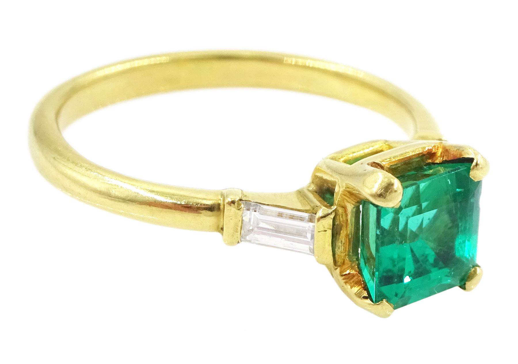 18ct gold three stone square cut emerald and baguette cut diamond ring, hallmarked, emerald approx 1.35 carat