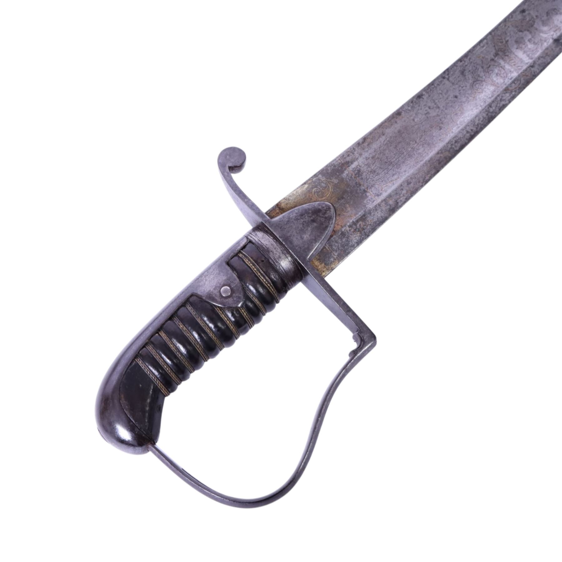 British 1796 pattern, light cavalry officers' saber, by Wooley, Deakin, Dutton of Birmingham, the 80cm single edge curved blade retaining traces of original blue and gilding which bears the coat of arms of George III and military trophies, the steel stirrup hilt with leather bound grip and original silver triple wire binding, within steel scabbard with twin suspension rings, overall L98cm  