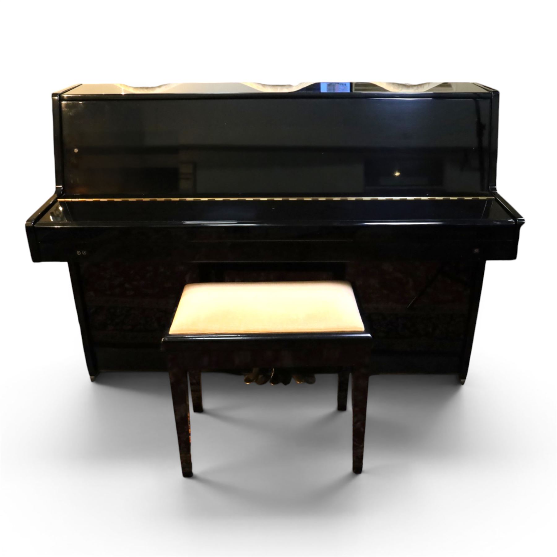 Offenbach by Daewoo model DU-4 upright piano, within high gloss ebonised case, circa 1990s serial no. 154804, with black wooden stool with velvet seat