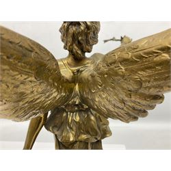 After Oswald Schimmelpfennig (German, 1872-1939): Pair of gilt bronze winged Allegorical female figures, the first example with arm outstretched holding a branch, signed 'Schimmelpfennig 1900', the second with arm raised above her head holding a book and sword in the other, both raised upon marble plinths, H45cm