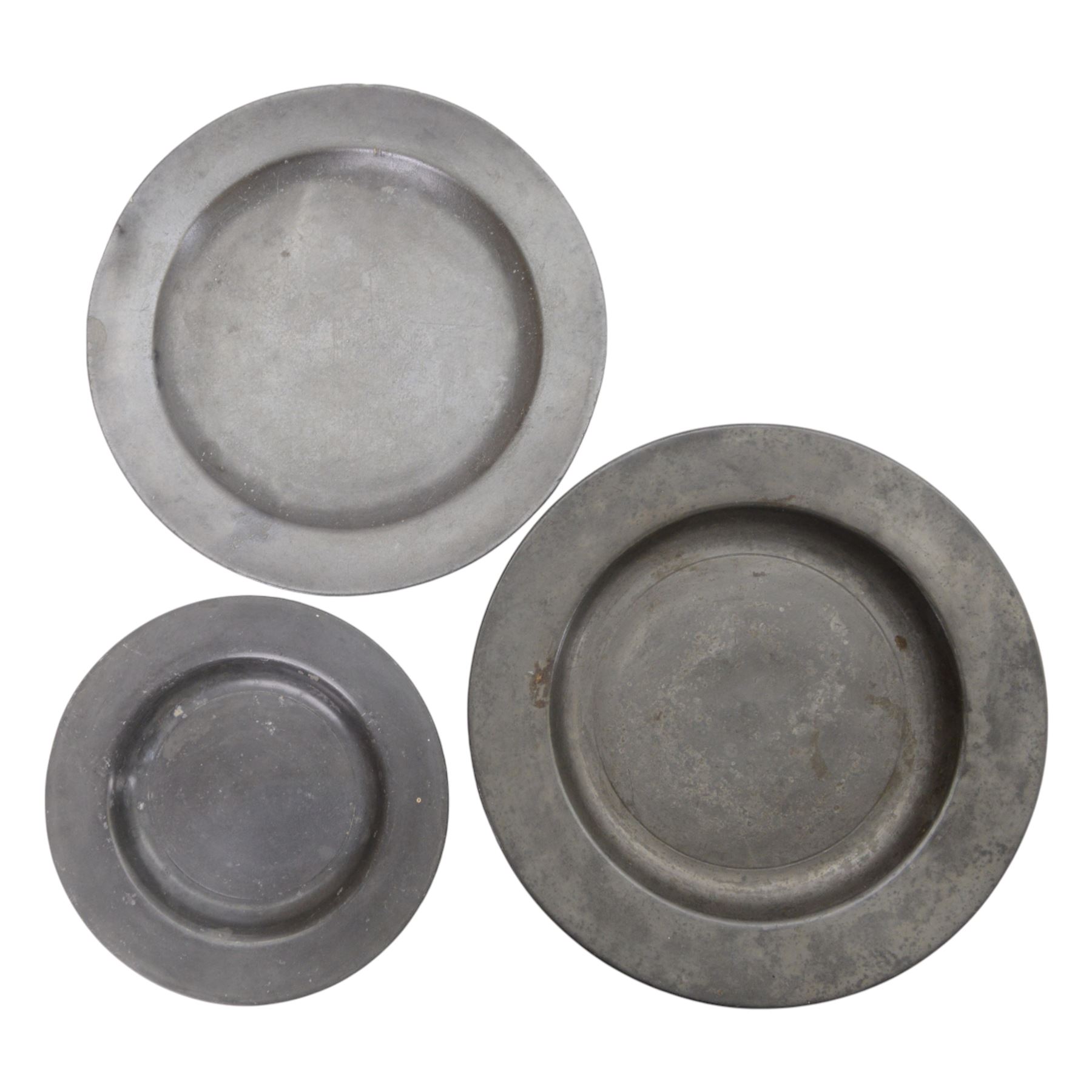 Collection of 19th century and later pewter plates and plate warmer with London and similar touch marks 