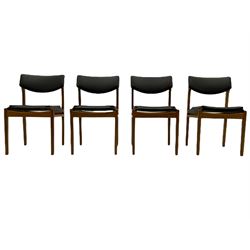 President - set of four mid-20th century teak dining chairs, original faux leather seat and back cushions, stamped underneath