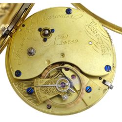 Victorian 18ct gold open face English lever fusee pocket watch by Frisch & Schierwater, Liverpool, No. 14789, cream dial with Roman numerals and outer Arabic minute ring, the back case with engraved decoration depicting a village scene, case by Christopher Jones, Chester 1843, on gold chain with silver vesta case by A & J Zimmerman Ltd