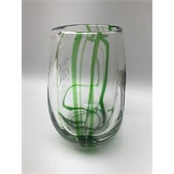 Vicki Lindstrand for Orrefors glass vase with etched goldfish amongst seaweed effect green threads and controlled air bubbles, with engravings to opposing side of main body and to  body above the base, and etched signature to base, H20.5cm,  along with a Murano glass fish