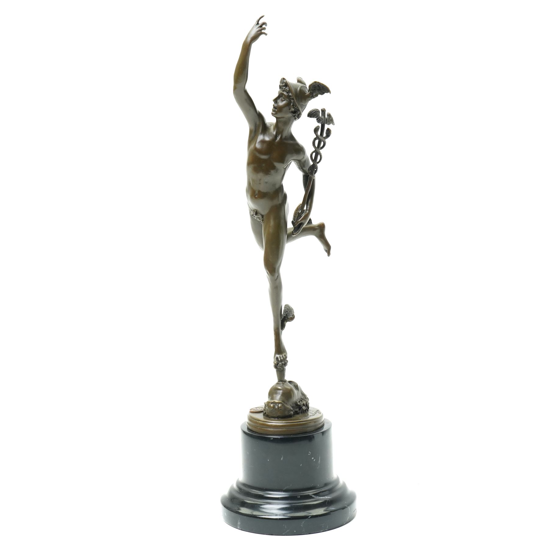 After Giambologna (Italian 1529-1608) Bronze figure of Mercury holding the caduceus on a stepped circular base with signature and foundry mark H43cm
