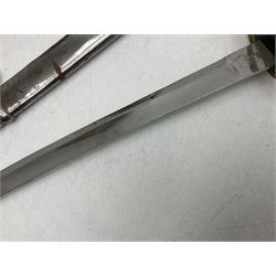 Reproduction American Civil War Cavalry trooper's sword, the 88cm slightly curving fullered steel blade marked to the ricasso 'Ames & Co Chicopee Mass.' and 'US ADK 1862'; brass hilt and leather covered grip; in steel scabbard L110cm overall;  and another reproduction sword (2)