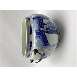 Chinese blue and white bowl, probably 18th century, of bulbous form with later mounted twin handles, decorated with figural scenes of Guanyin, with concentric circle mark beneath and label inscribed Kangxi, rim D20cm