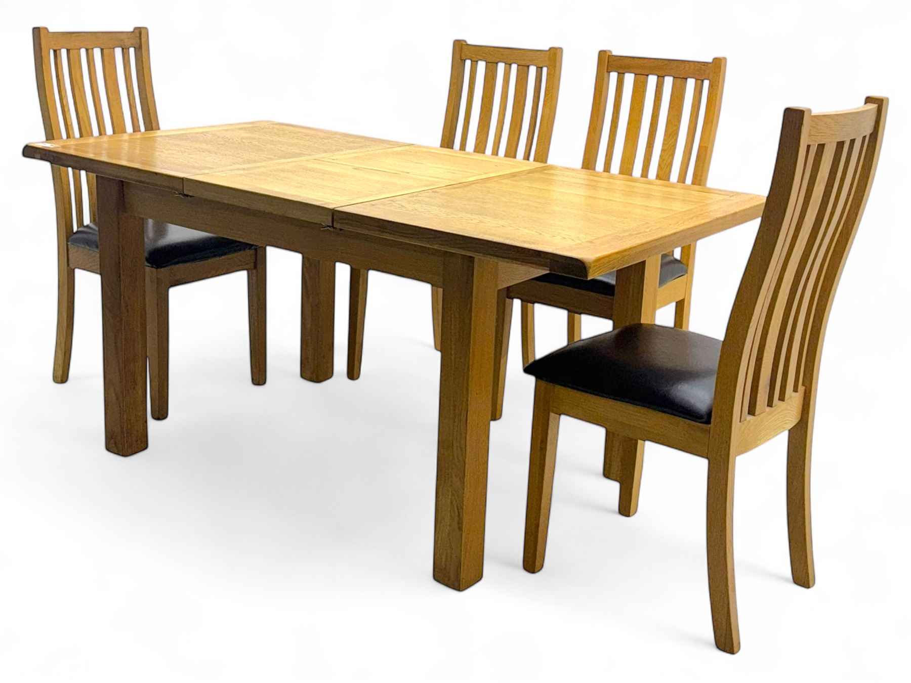 Light oak extending dining table, with four chairs, breadboard ends with integrated fold out leaf with latches, on square supports, tall slatted backrest with brown leather drop in seat  

(Extended 165cm)